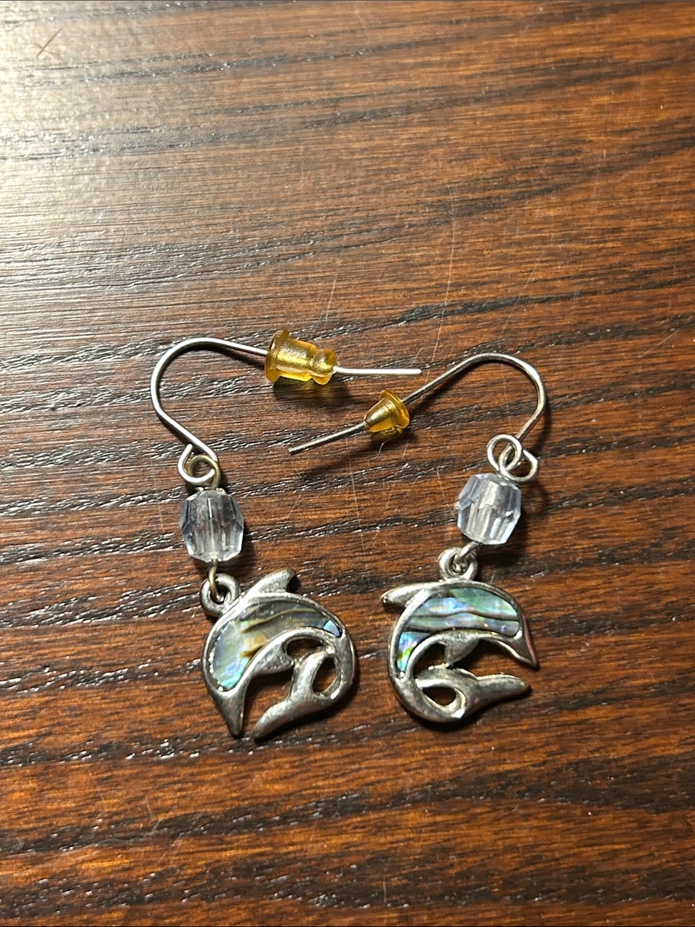 Silver Dolphin Abalone Drop Earrings in Iridescent Blue-Green